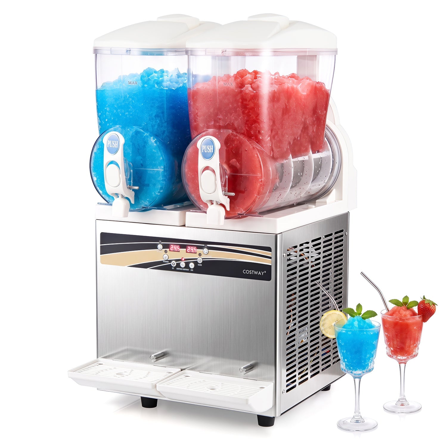 Commercial slushie machine with 2x8 gal dual tanks, blue and red slush, LED lights, DirectDeals on Tampa Home & Garden Store