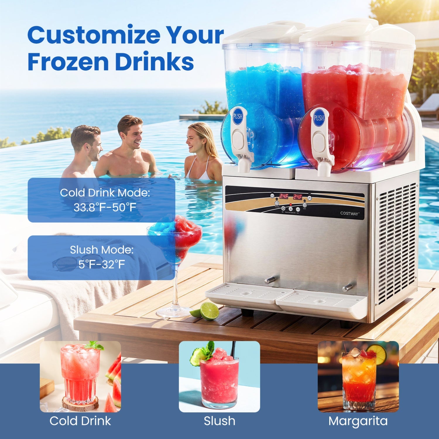 Commercial Slushie Machine 8-Gallon Dual Tank with LED Lights by Costway, blue and red drinks on Tampa Home & Garden Store