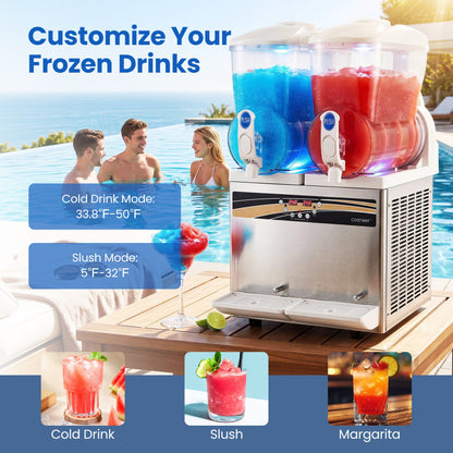 Commercial Slushie Machine 8-Gallon Dual Tank with LED Lights by Costway, blue and red drinks on Tampa Home & Garden Store