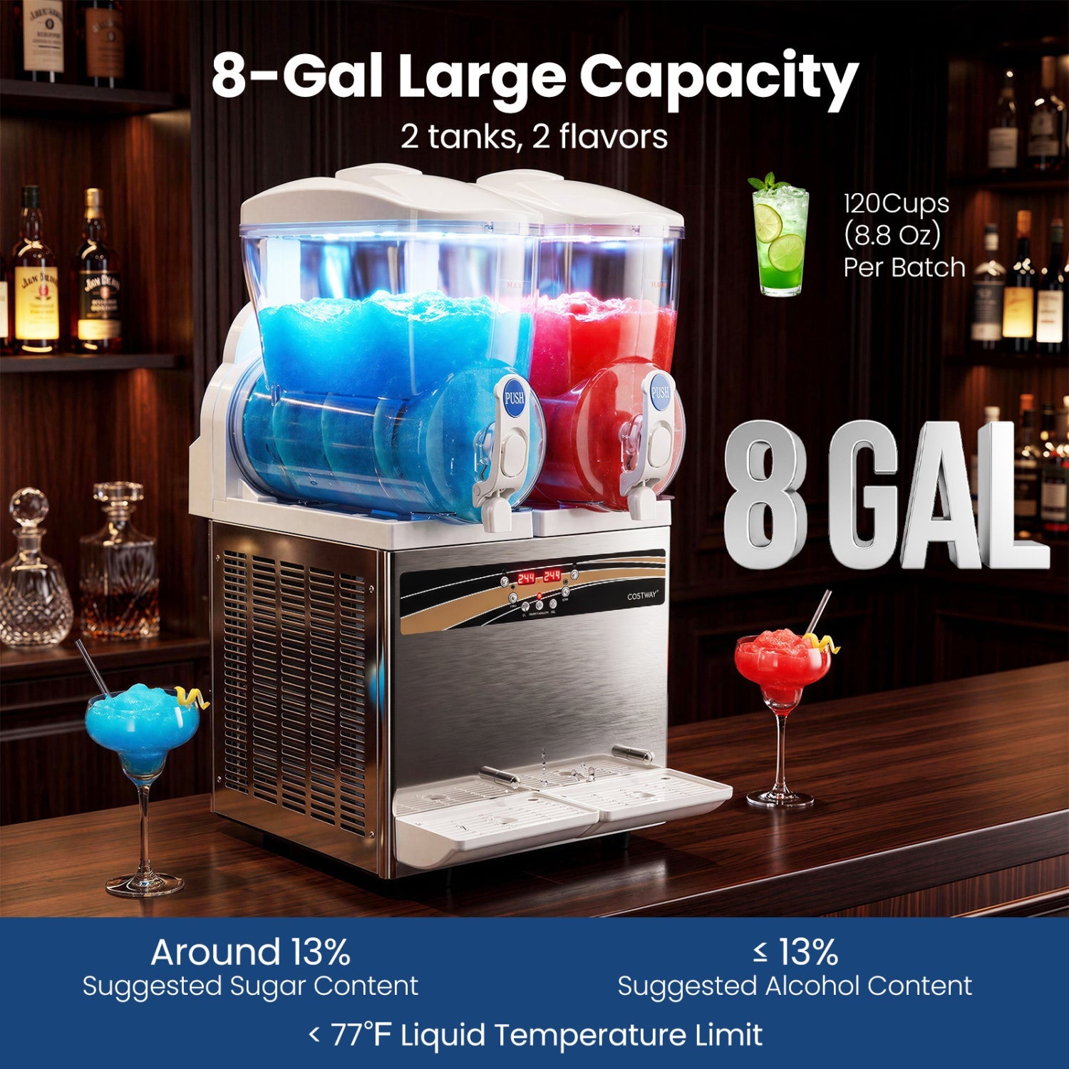 DirectDeals Slushie Machine 8-Gallon Dual Tank with blue and red slush LED lights on Tampa Home & Garden Store