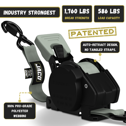 Retractable Ratchet Straps - 1" x 15 ft (1,760 lbs Break Strength) | Auto Self Retracting Cargo Tie Down Strap Set