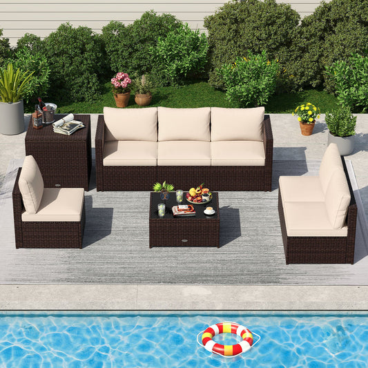 8 Piece Patio Furniture Set with Storage Box and Tempered Glass Coffee Table-Beige - Tampa Home & Garden Store