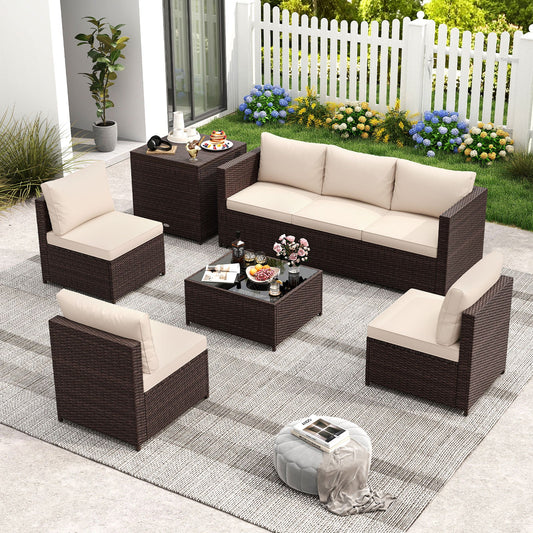 8 Piece Patio Furniture Set with Storage Box and Tempered Glass Coffee Table-Beige - Tampa Home & Garden Store