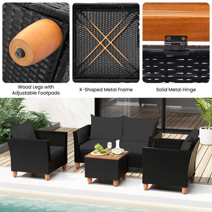 8-Piece Outdoor Conversation Set with Storage Coffee Table, black wicker with wood legs on Tampa Home & Garden Store