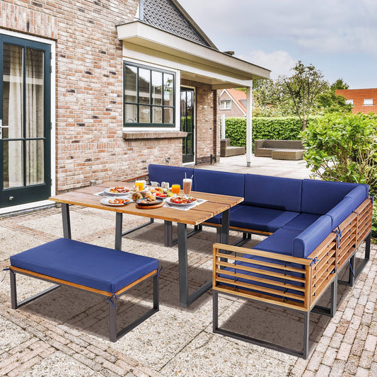 8 Pieces Patio Acacia Wood Dining Table Set with Ottoman Cushions-Navy - Tampa Home & Garden Store