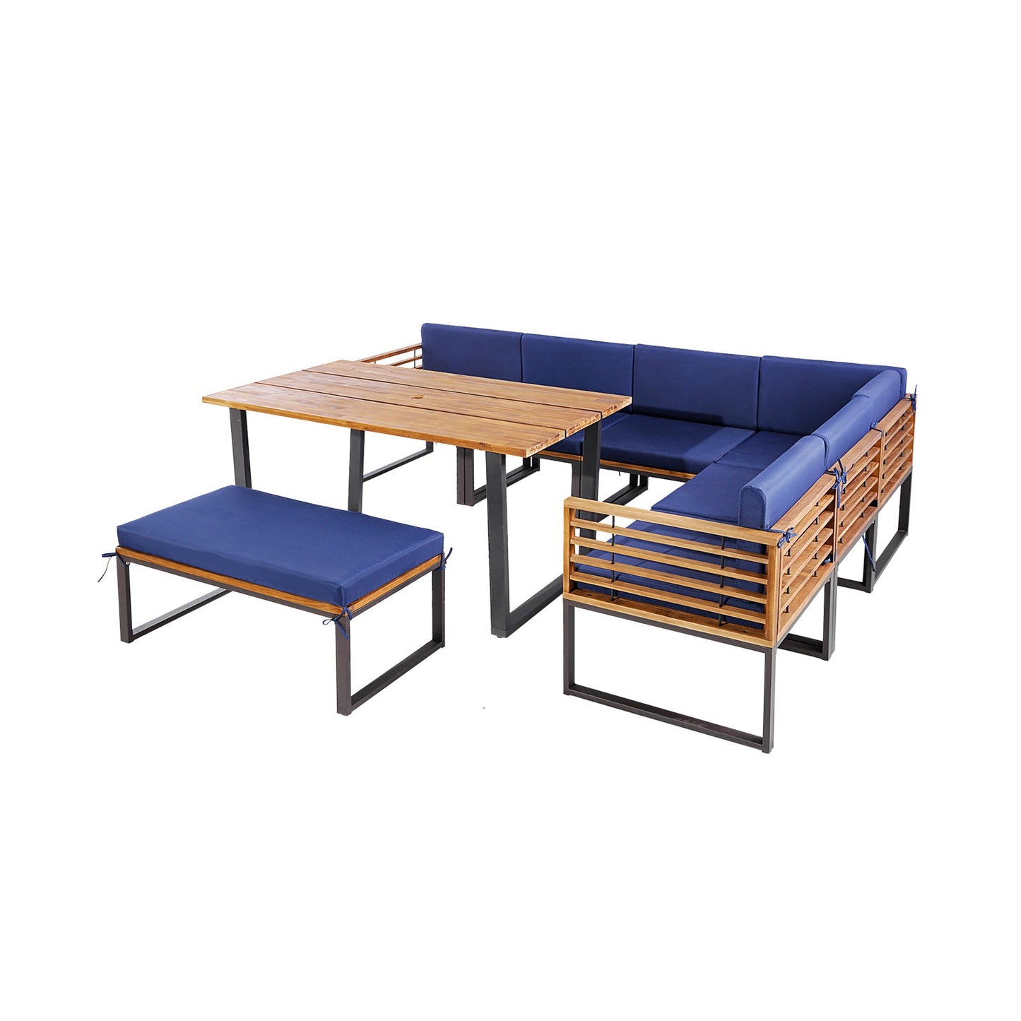 Juego de comedor de patio de 8 piezas de madera de acacia con cojines otomanos - Azul marino