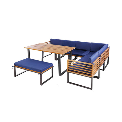 Juego de comedor de patio de 8 piezas de madera de acacia con cojines otomanos - Azul marino