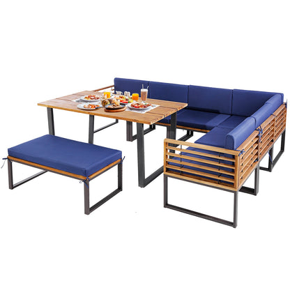 Juego de comedor de patio de 8 piezas de madera de acacia con cojines otomanos - Azul marino