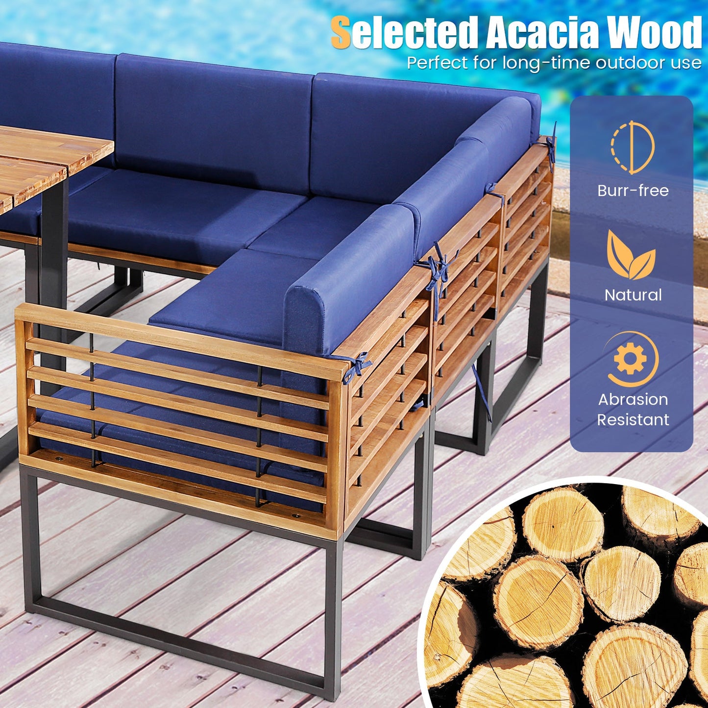 Juego de comedor de patio de 8 piezas de madera de acacia con cojines otomanos - Azul marino