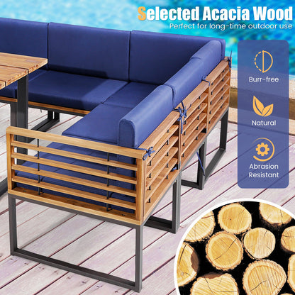 Juego de comedor de patio de 8 piezas de madera de acacia con cojines otomanos - Azul marino