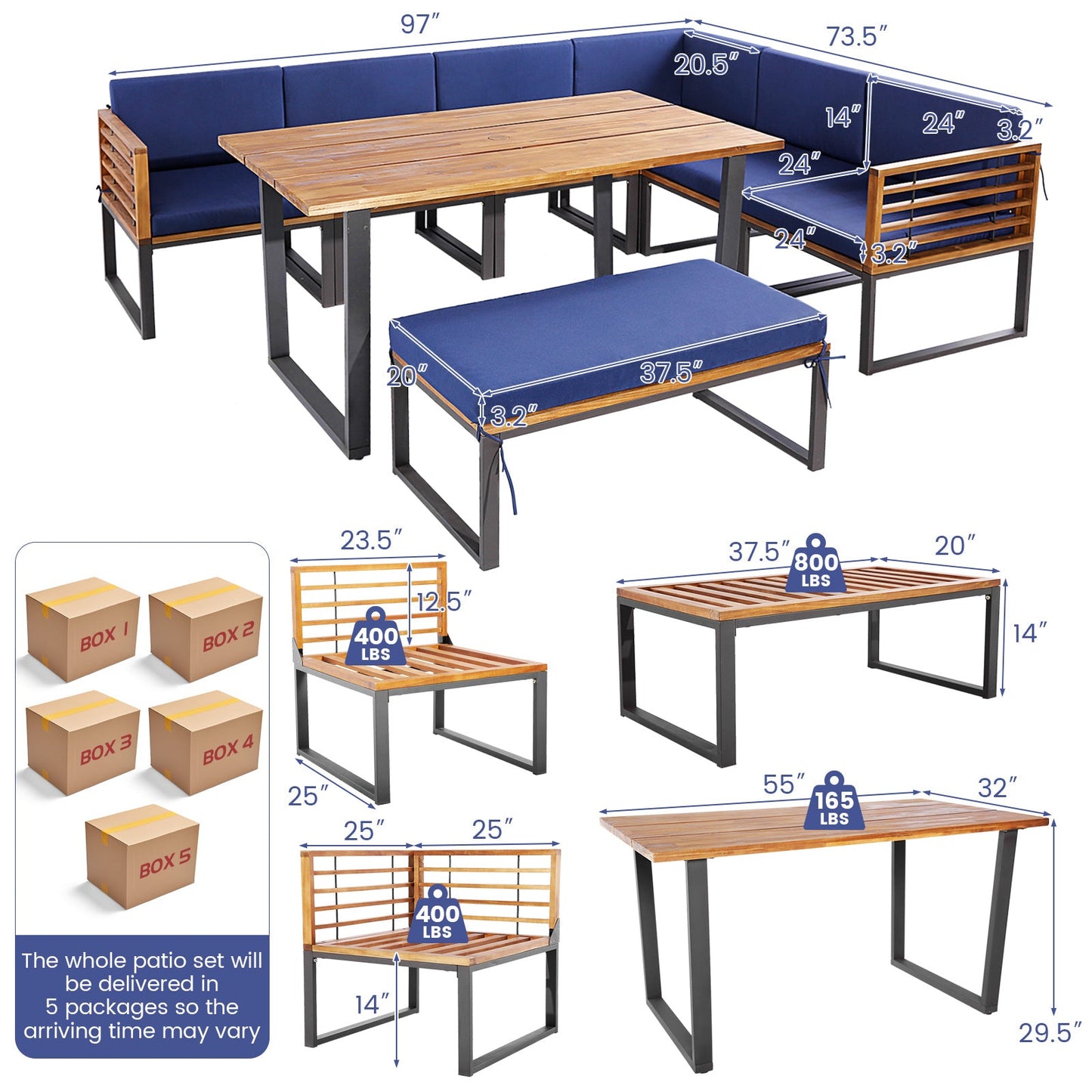Juego de comedor de patio de 8 piezas de madera de acacia con cojines otomanos - Azul marino