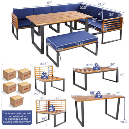 Juego de comedor de patio de 8 piezas de madera de acacia con cojines otomanos - Azul marino