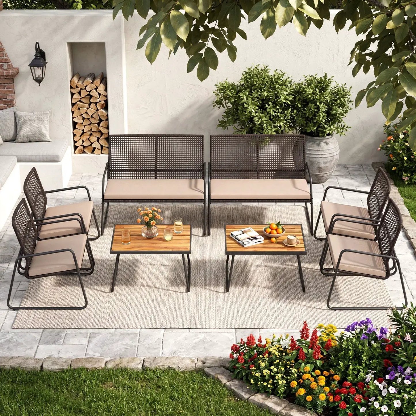 8 Piece Patio Conversation Set with Acacia Table