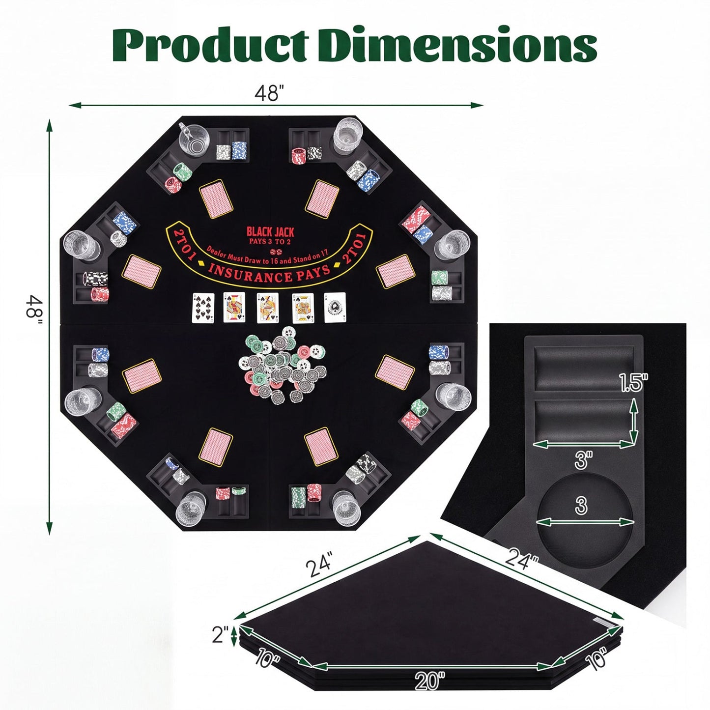 8-Player Foldable Poker Table Top with Cup Holders by DirectDeals, black felt with chip racks on Tampa Home & Garden Store