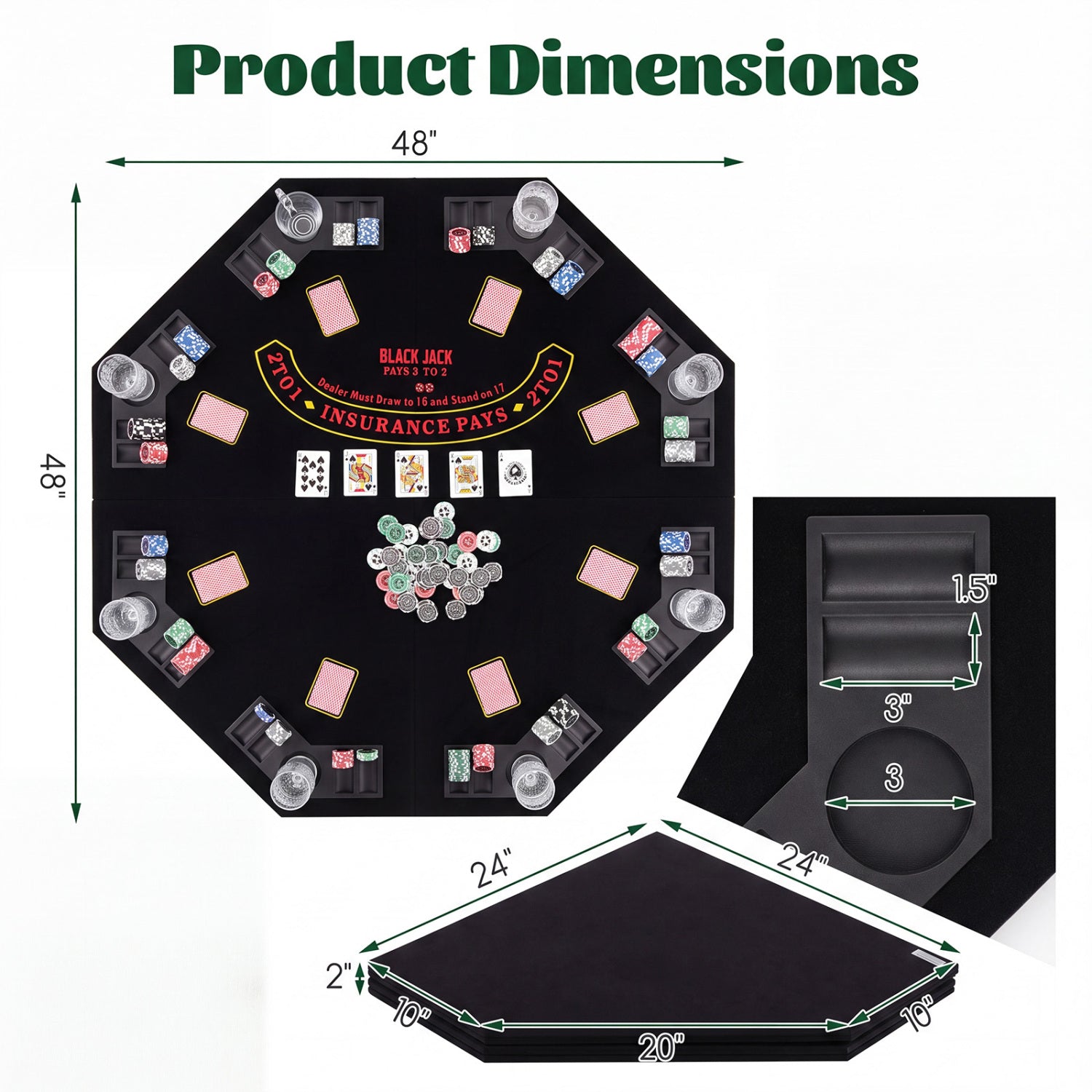 8-Player Foldable Poker Table Top with Cup Holders by DirectDeals, black felt with chip racks on Tampa Home & Garden Store