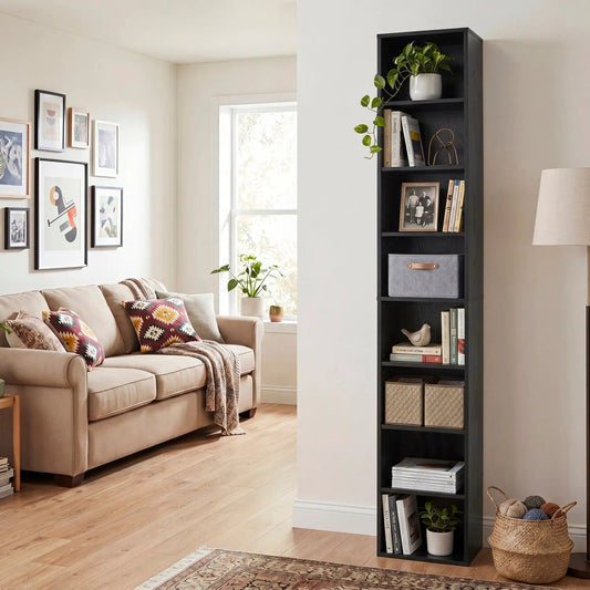 DirectDeals 8-Tier Narrow Bookshelf with Adjustable Shelves, black finish on Tampa Home & Garden Store