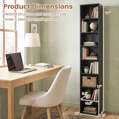 8-Tier Narrow Bookshelf With Adjustable Shelves