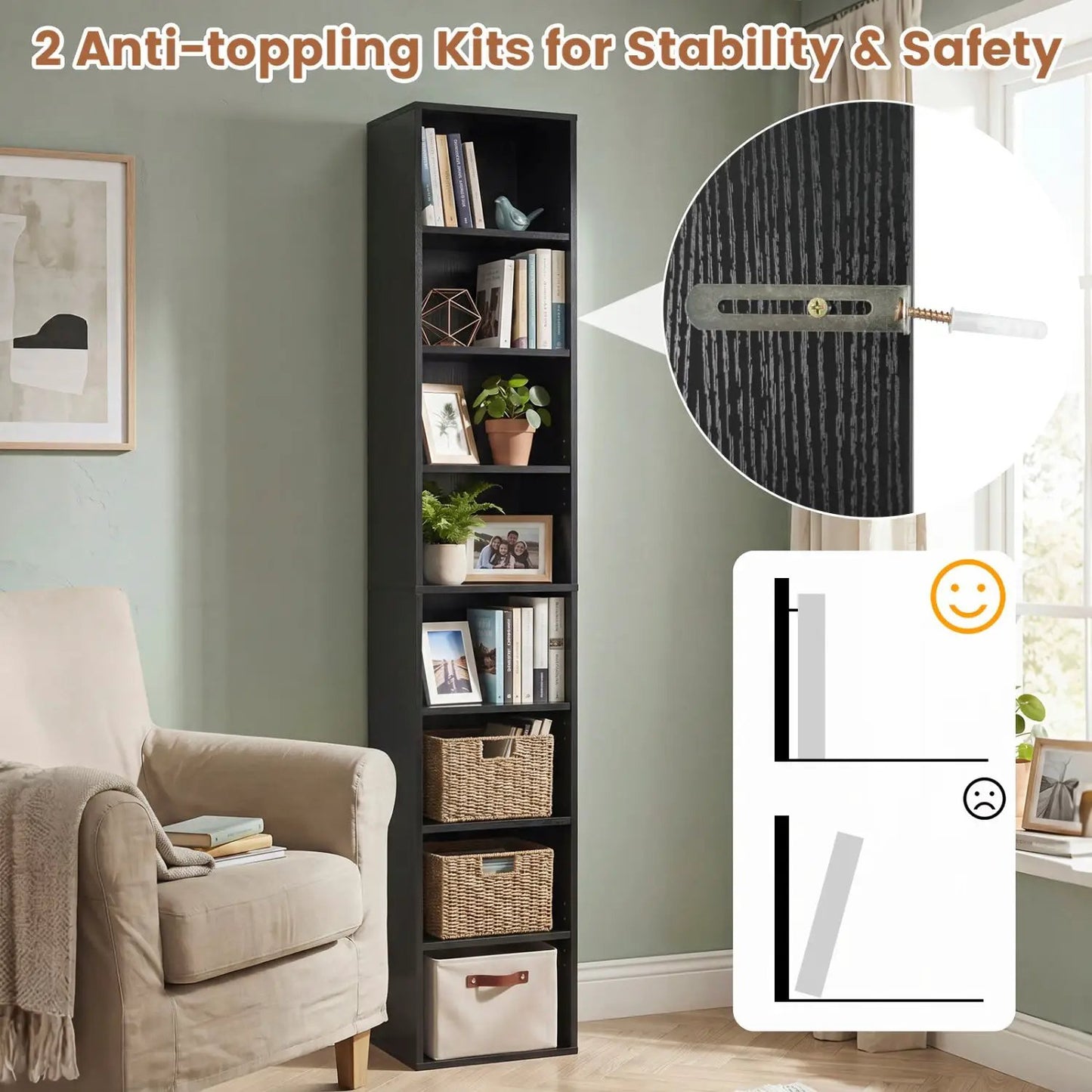 8-Tier Narrow Bookshelf With Adjustable Shelves