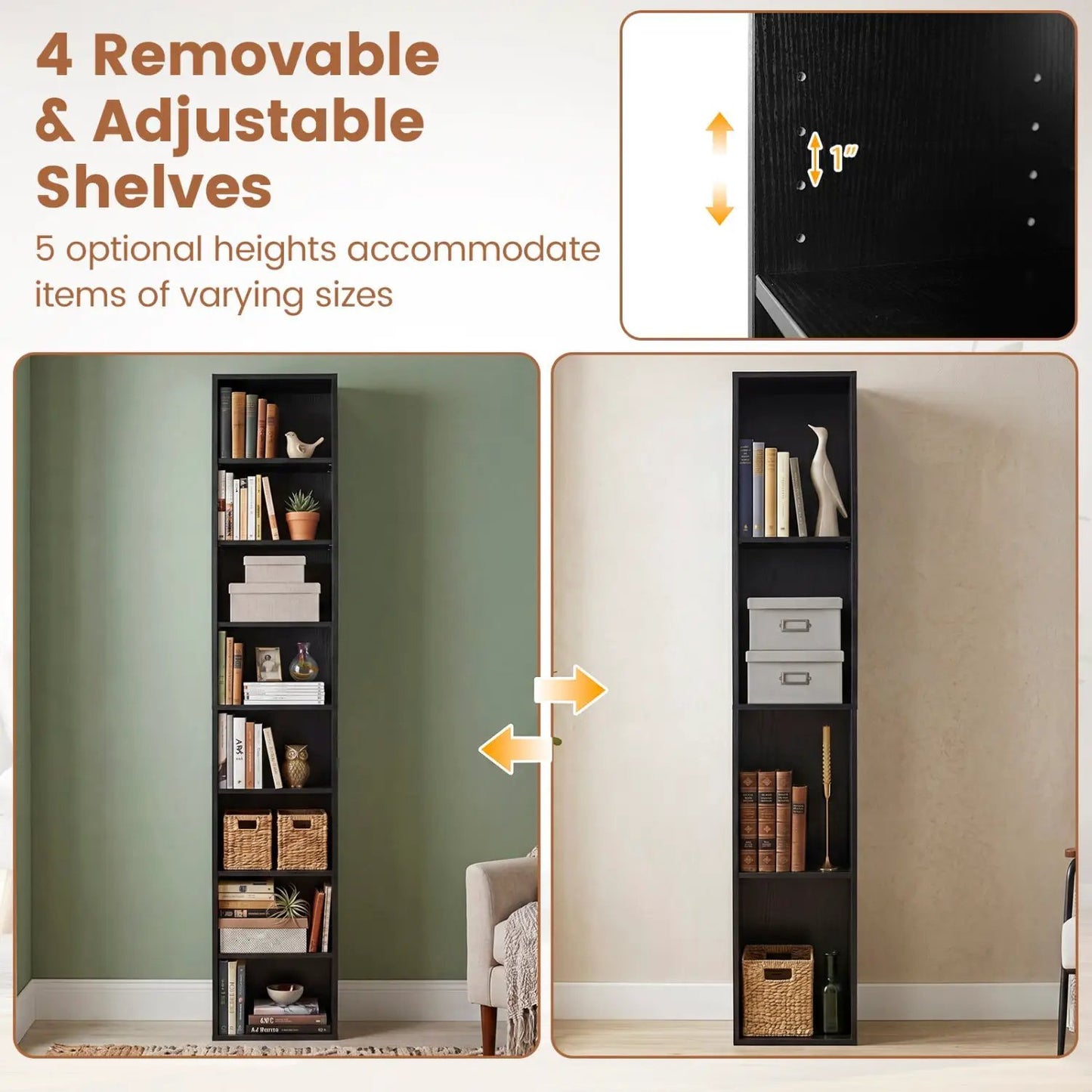 8-Tier Narrow Bookshelf With Adjustable Shelves