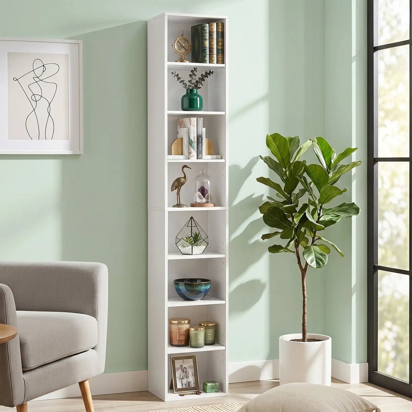 8-Tier Narrow Bookshelf With Adjustable Shelves
