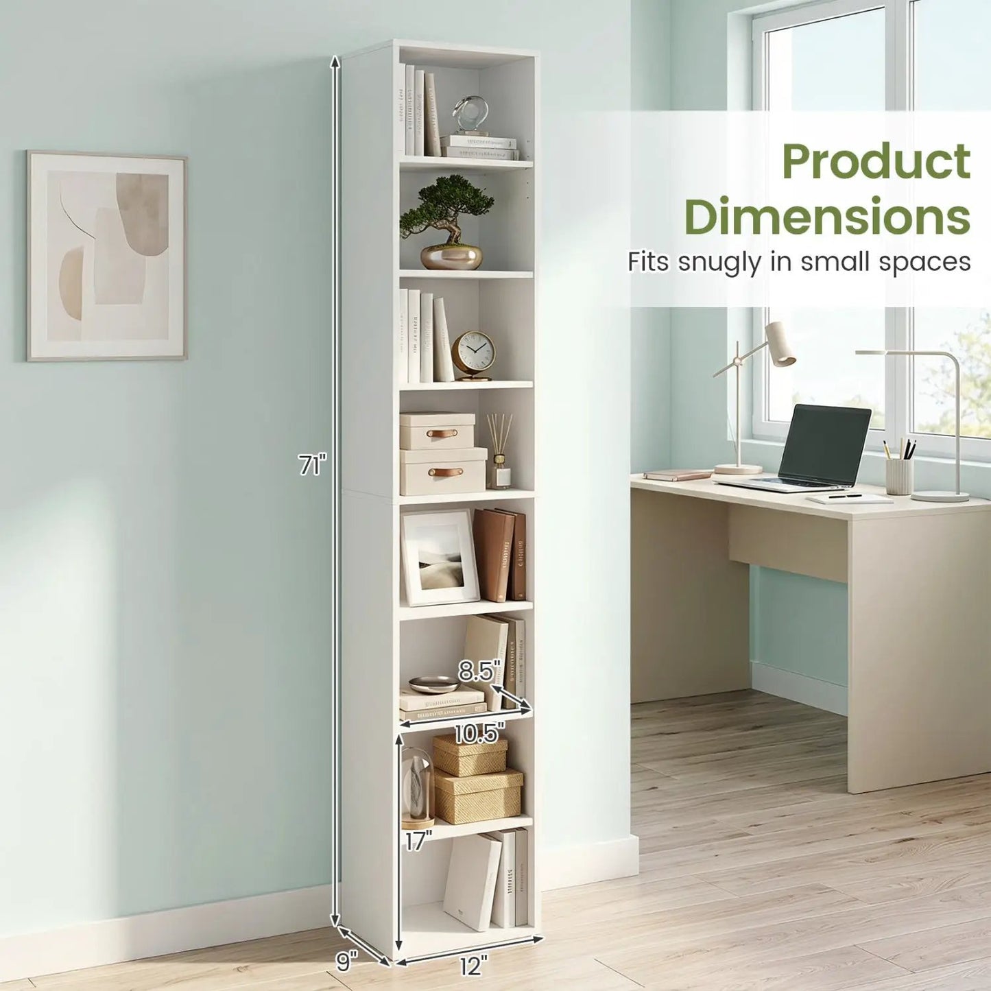 8-Tier Narrow Bookshelf With Adjustable Shelves
