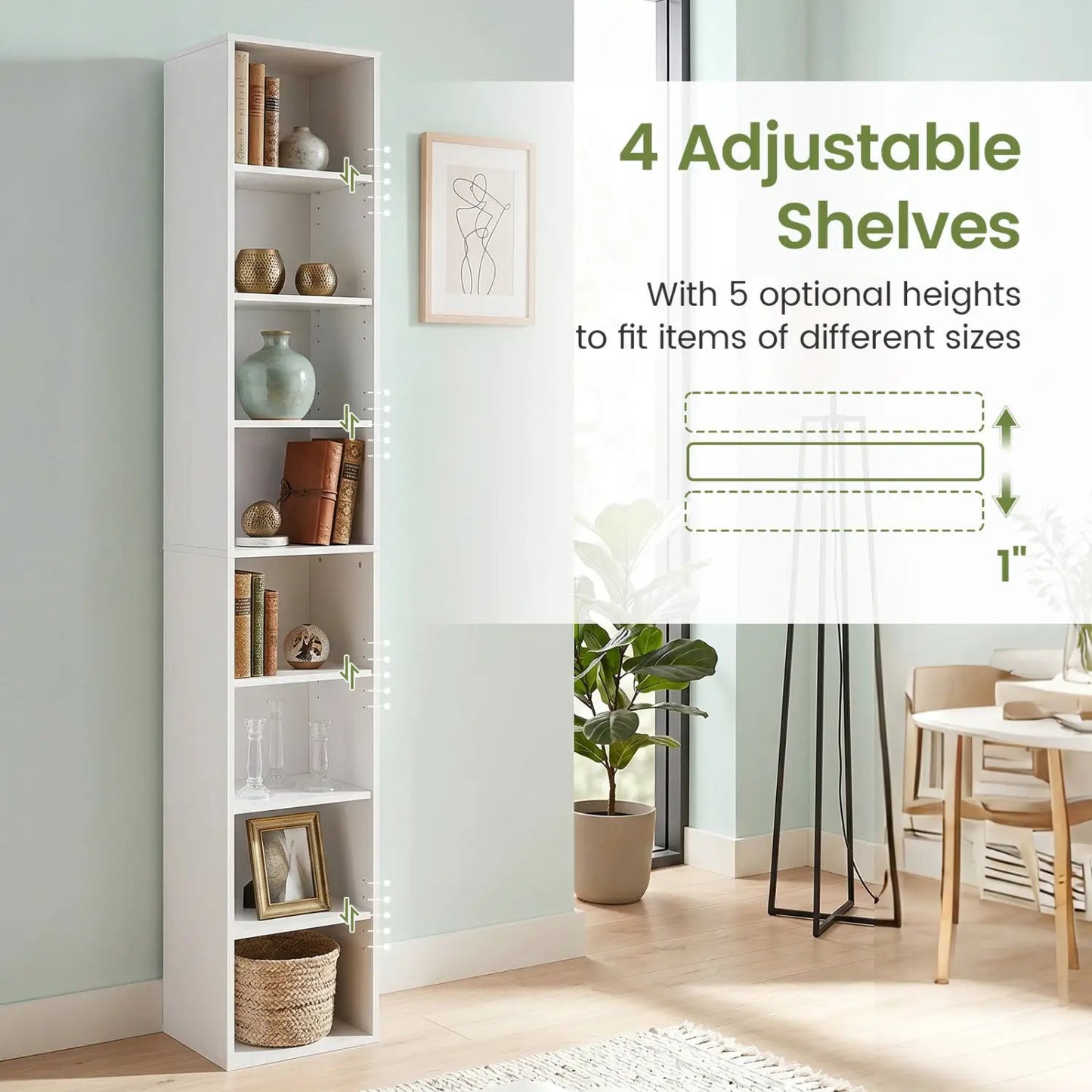 8-Tier Narrow Bookshelf With Adjustable Shelves