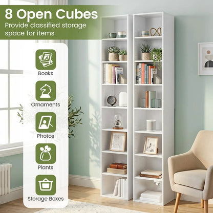 8-Tier Narrow Bookshelf With Adjustable Shelves