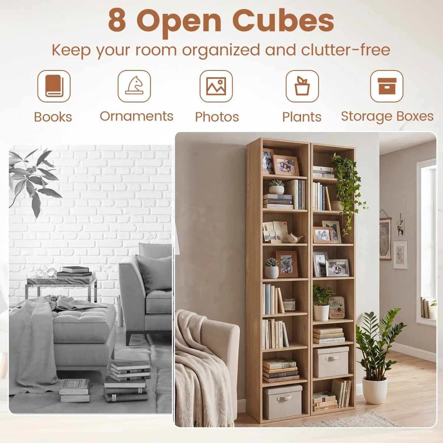 8-Tier Narrow Bookshelf With Adjustable Shelves