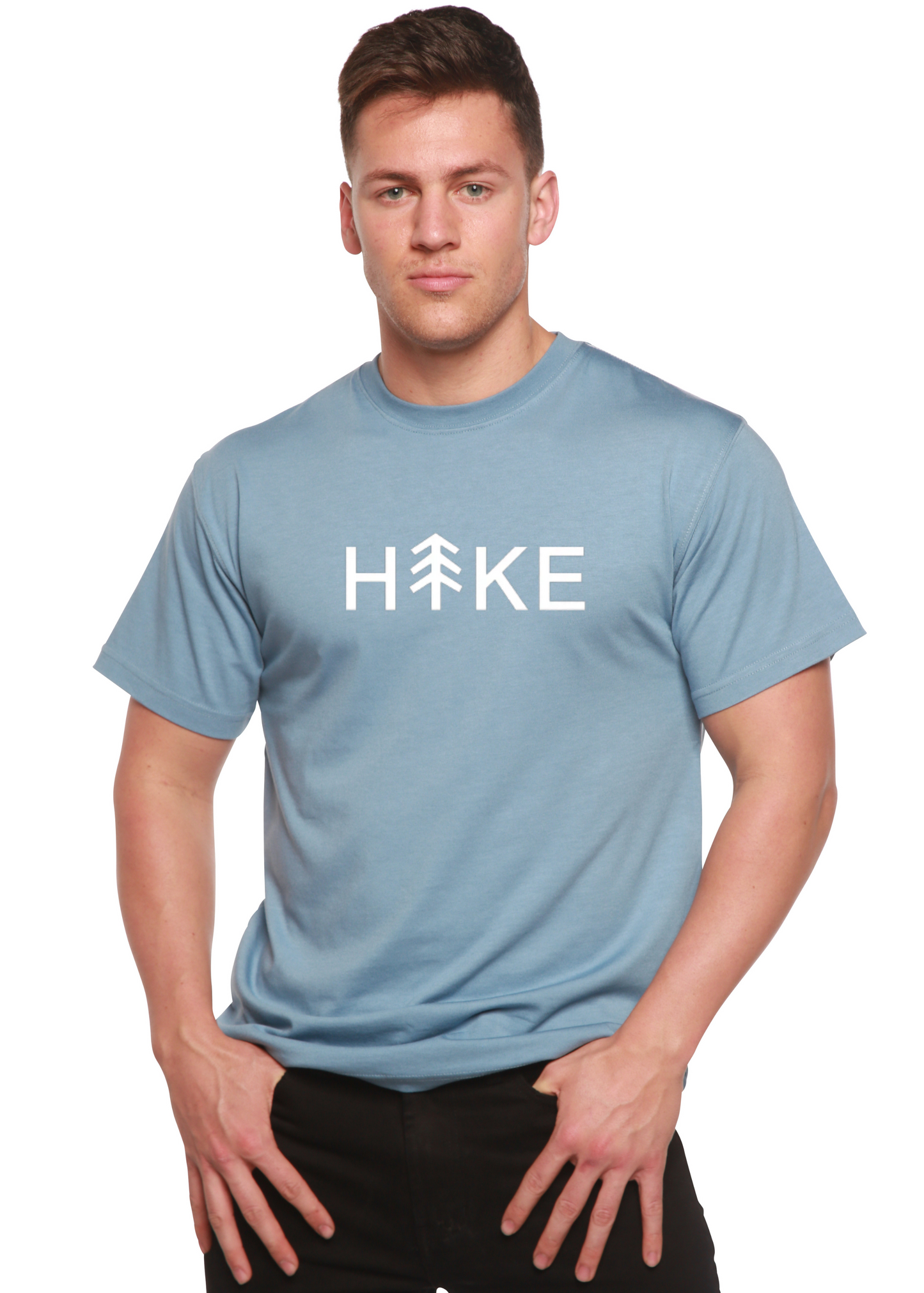 Hike men's bamboo-viscose graphic T-shirt with white hike/tree logo in light blue on Tampa Home & Garden Store