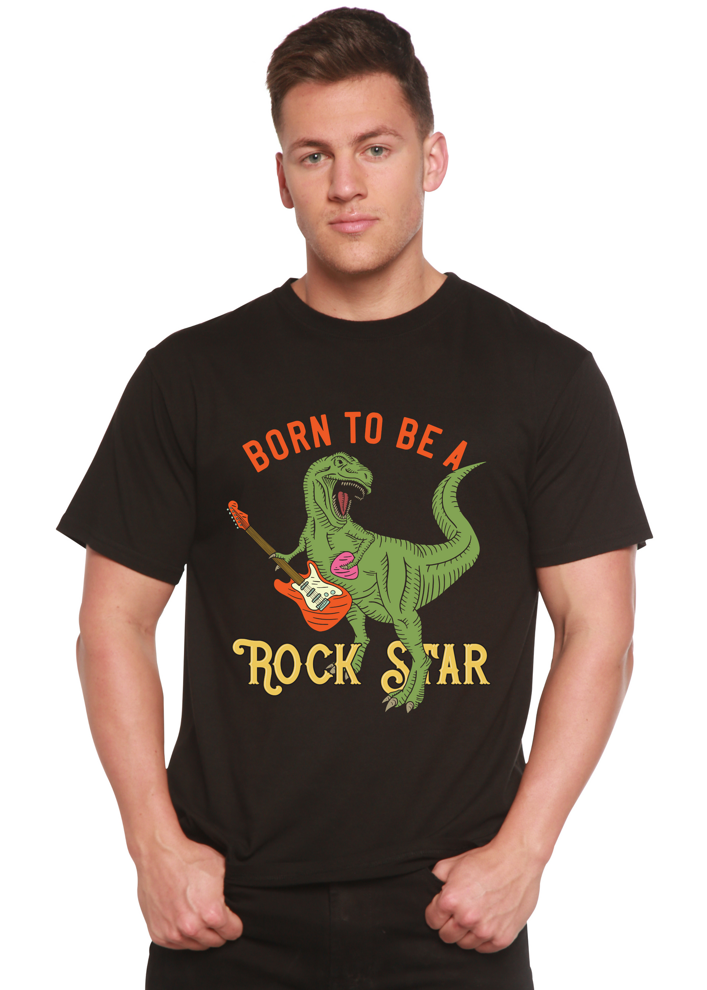 Born To Be A Rock Star men's black graphic T-shirt with a green dinosaur playing a guitar on Tampa Home & Garden Store