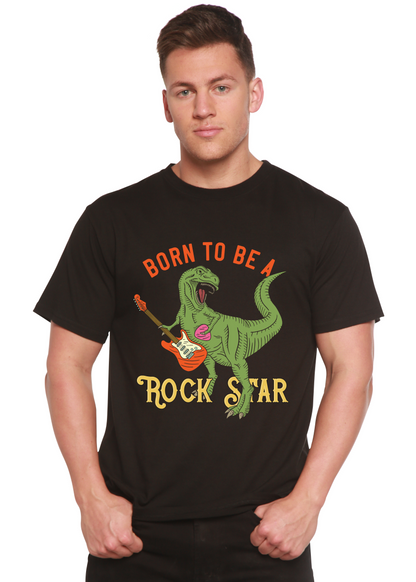 Born To Be A Rock Star men's black graphic T-shirt with a green dinosaur playing a guitar on Tampa Home & Garden Store