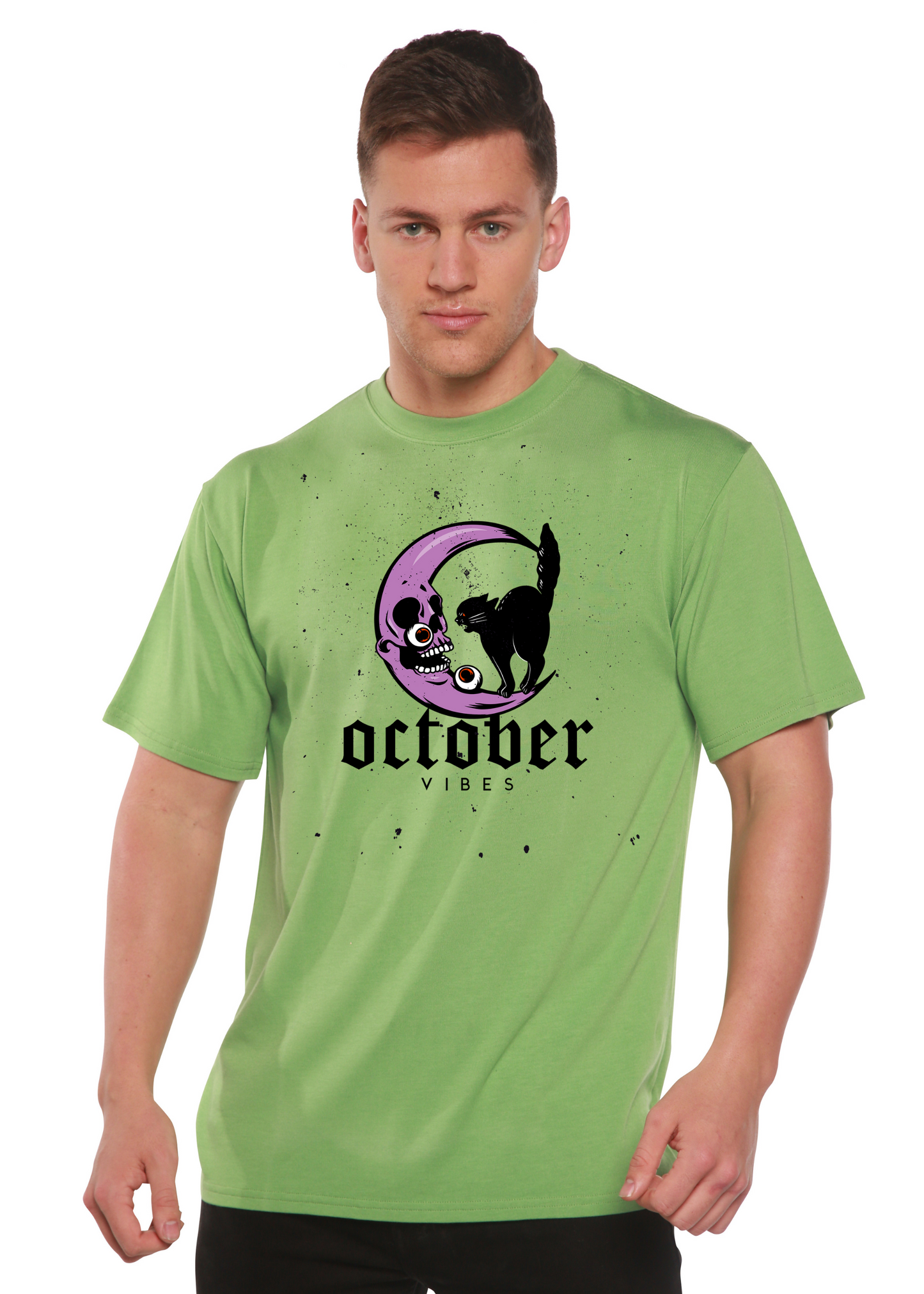 October Vibes men's bamboo tee green short sleeve with purple moon skull graphic on Tampa Home & Garden Store
