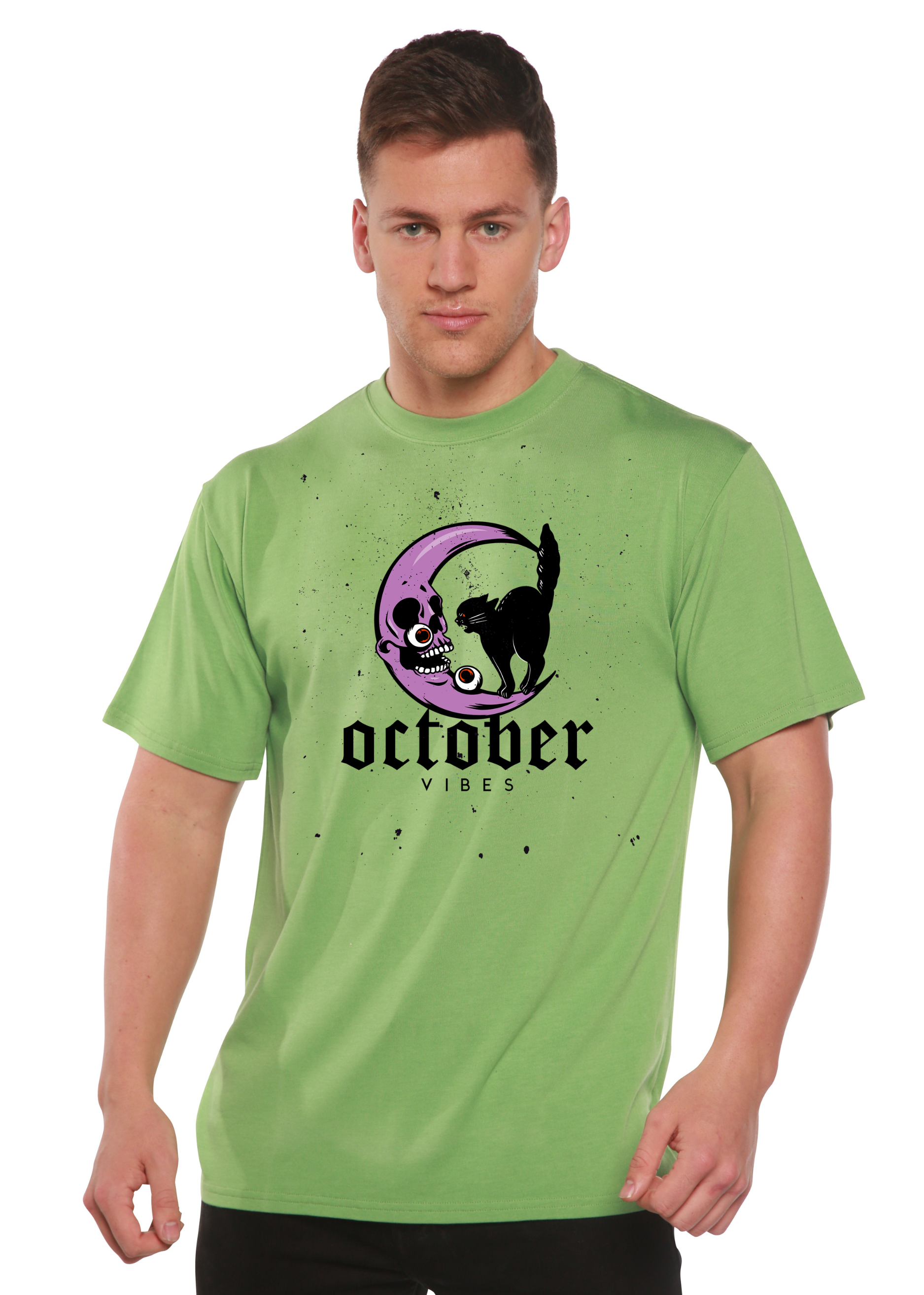 October Vibes men's bamboo tee green short sleeve with purple moon skull graphic on Tampa Home & Garden Store