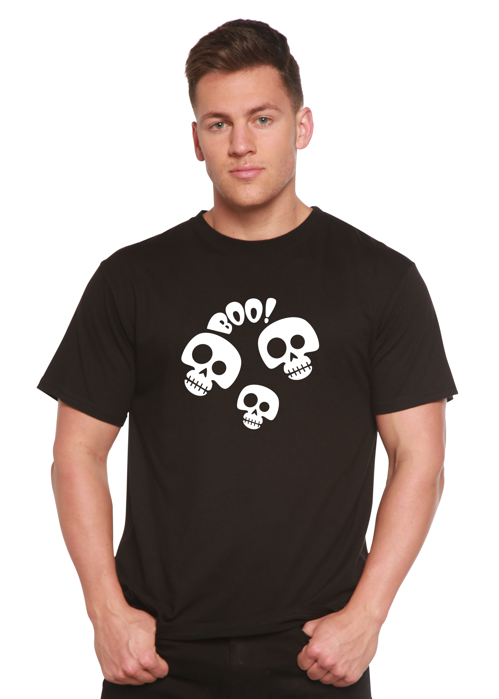 Halloween Boo unisex bamboo viscose/organic cotton tee black with white skulls BOO! on Tampa Home & Garden Store