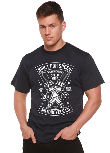 Built For Speed men's Spun Bamboo tee dark navy with white motorcycle print on Tampa Home & Garden Store