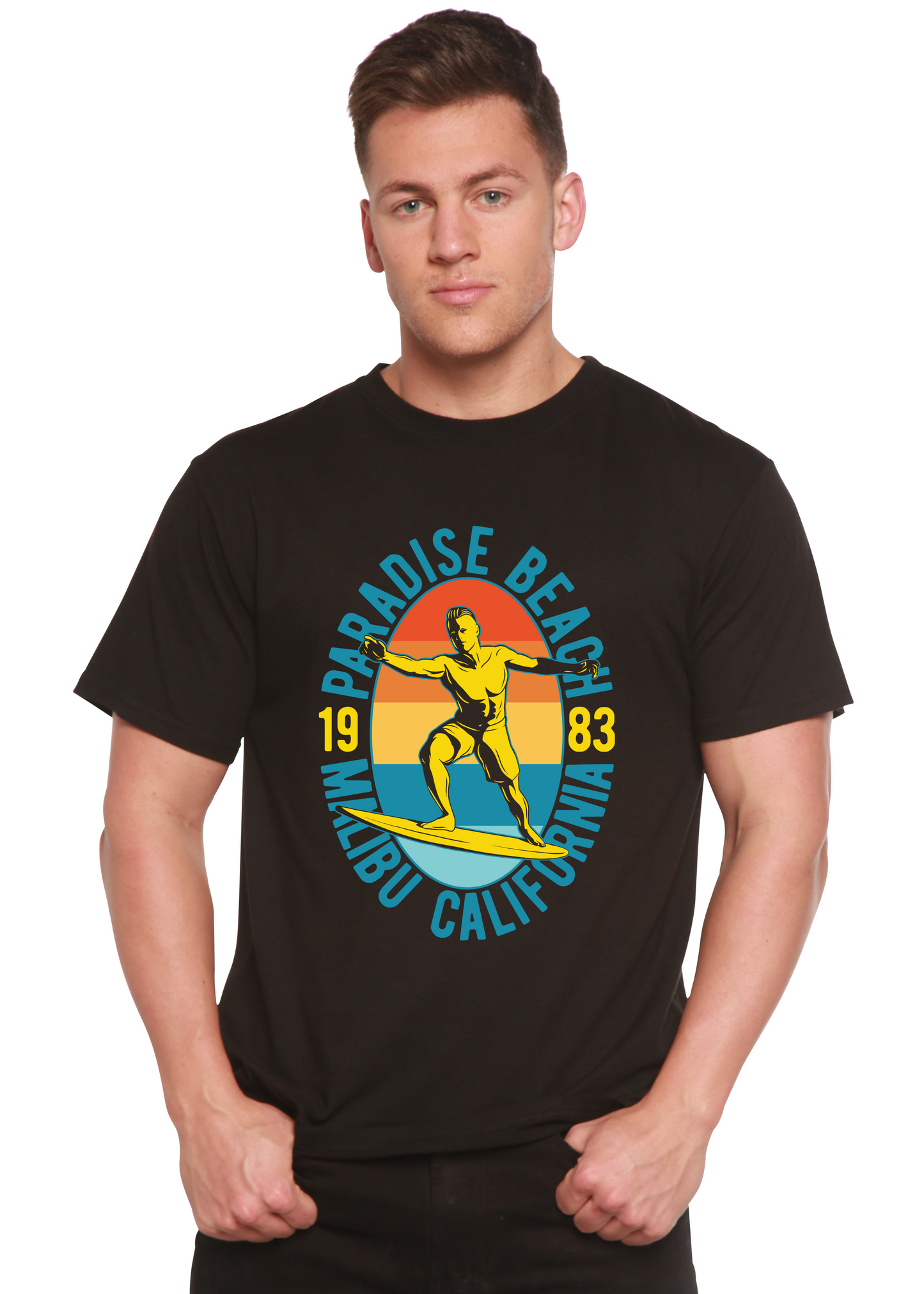 Paradise Beach 1983 men's short-sleeve graphic tee in black with retro surf graphic and teal text on Tampa Home & Garden Store
