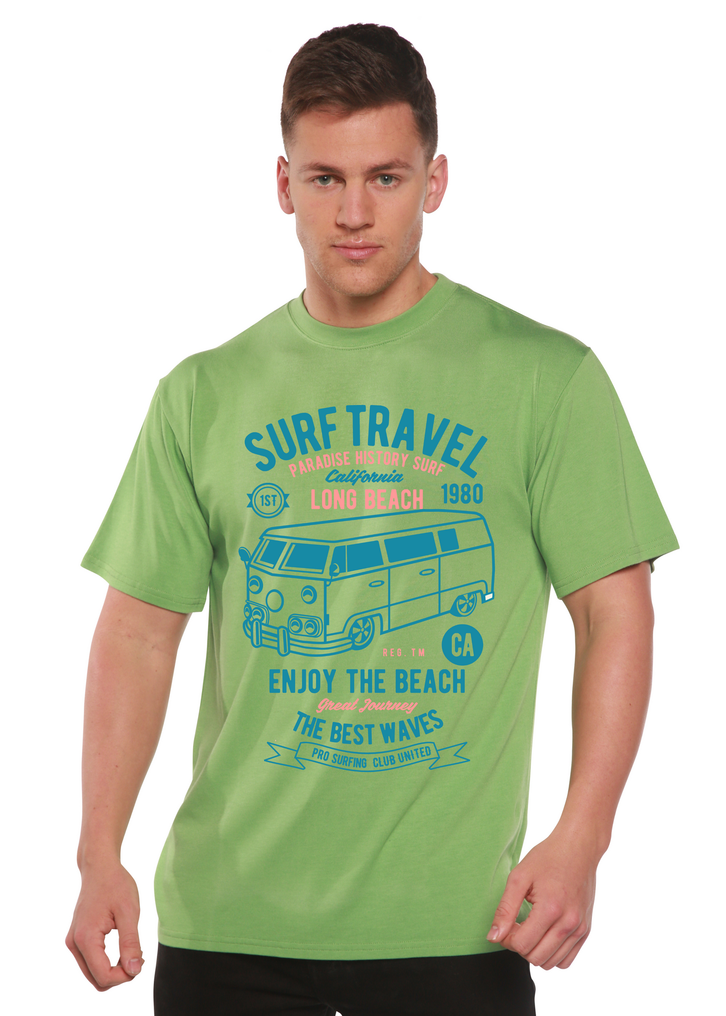 Surf Travel Spun Bamboo Men's green graphic tee with bamboo viscose/organic cotton print on Tampa Home & Garden Store