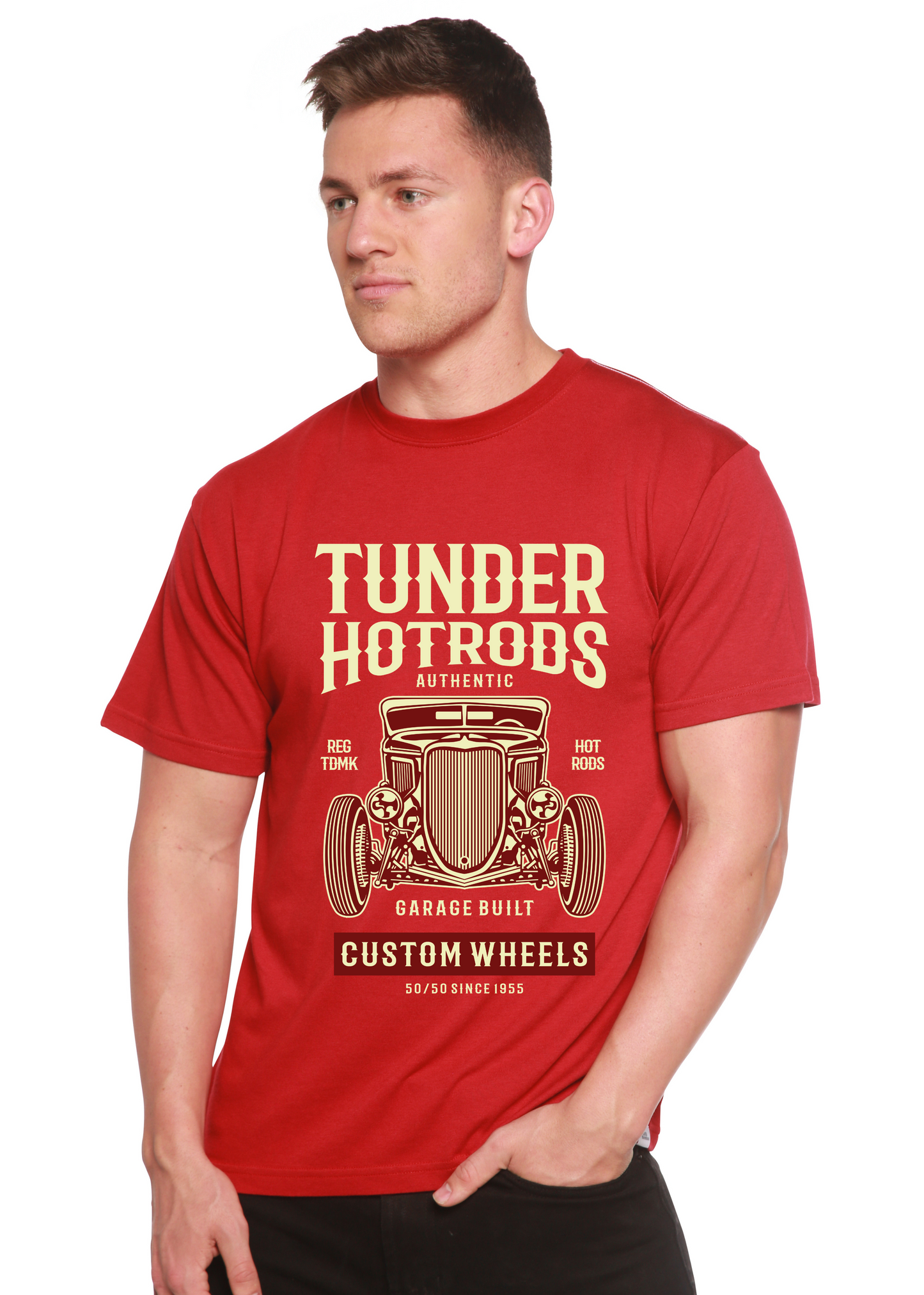 Mens red Thunder Hotrods graphic T-shirt by Spun Bamboo in bamboo blend with vintage car print on Tampa Home & Garden Store