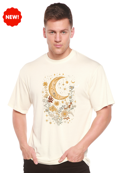 Mens Celestial Moon Boho Flowers graphic T-shirt in ivory bamboo/cotton with gold moon on Tampa Home & Garden Store
