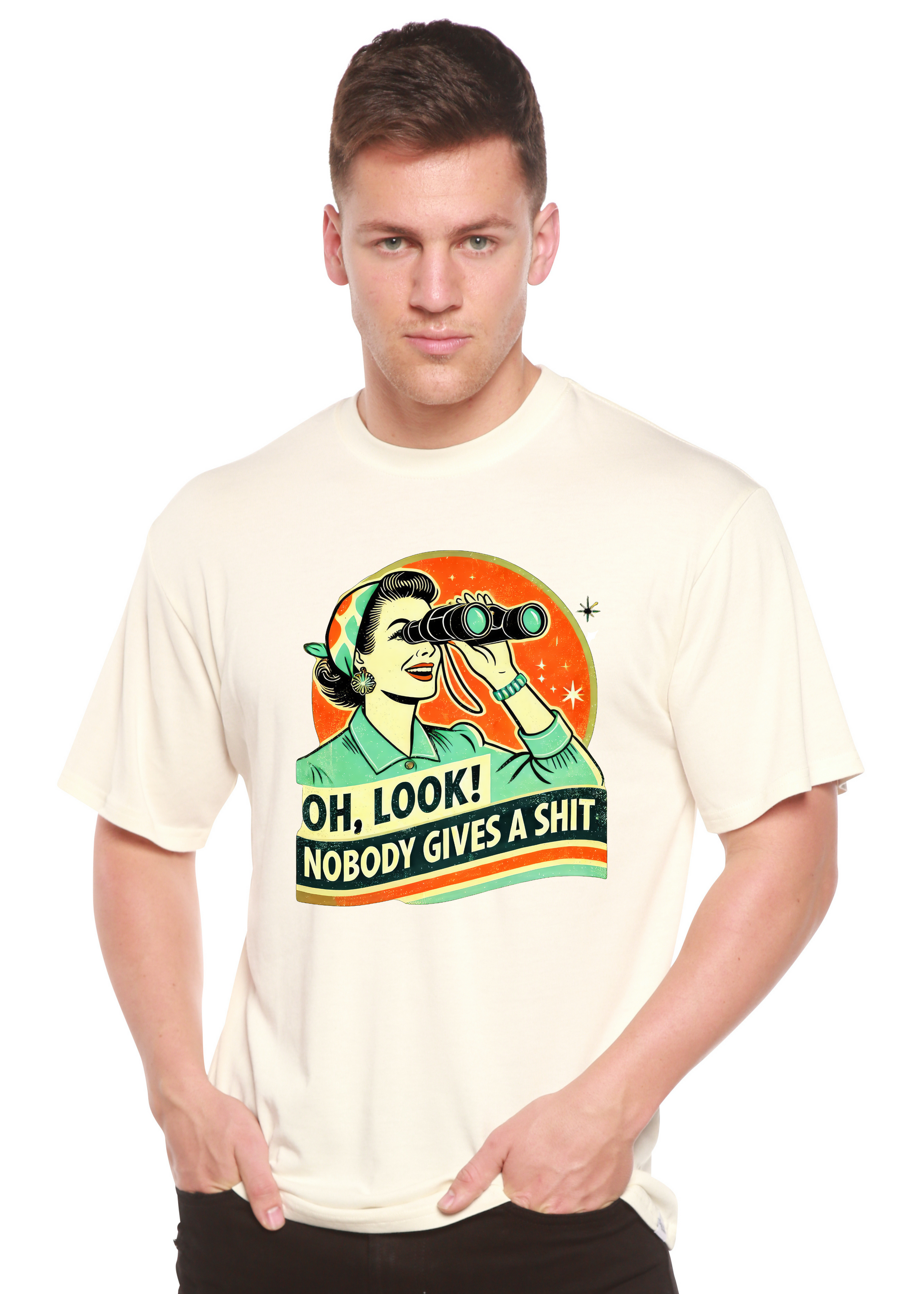 Funny Retro Woman Unisex Bamboo/Cotton Graphic T-Shirt cream with artwork by Spun Bamboo tee on Tampa Home & Garden Store