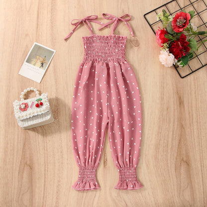 Stevvex pink sleeveless baby romper with heart print, smocked cotton bodice and tie straps on Tampa Home & Garden Store
