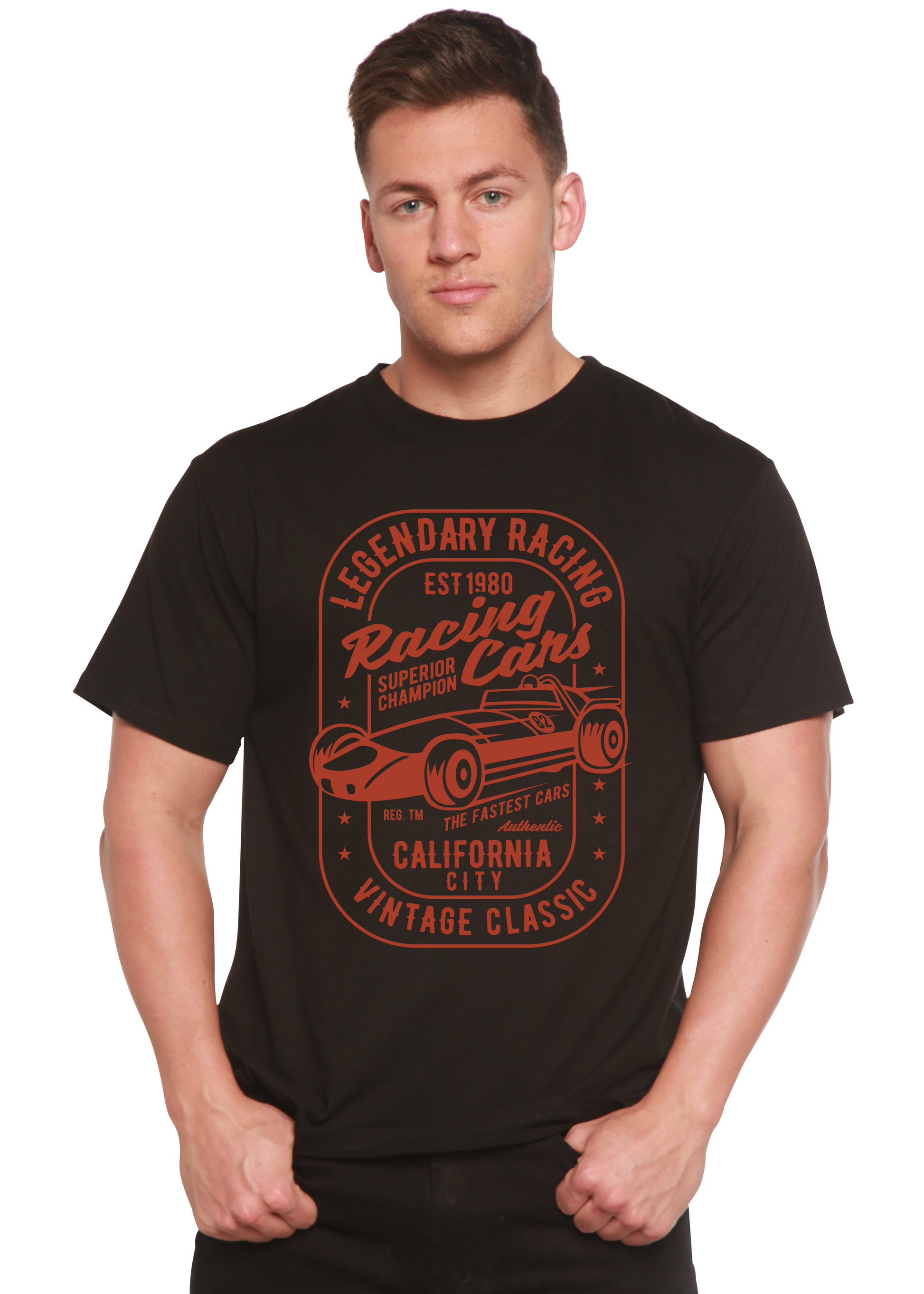 Legendary Racing Cars men's bamboo tee by Spun Bamboo with orange graphic on black on Tampa Home & Garden Store