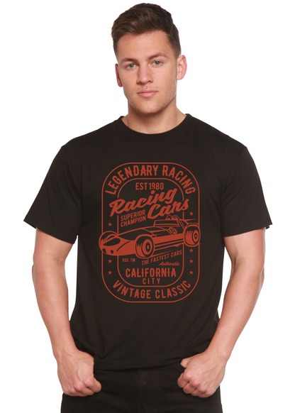 Legendary Racing Cars men's bamboo tee by Spun Bamboo with orange graphic on black on Tampa Home & Garden Store