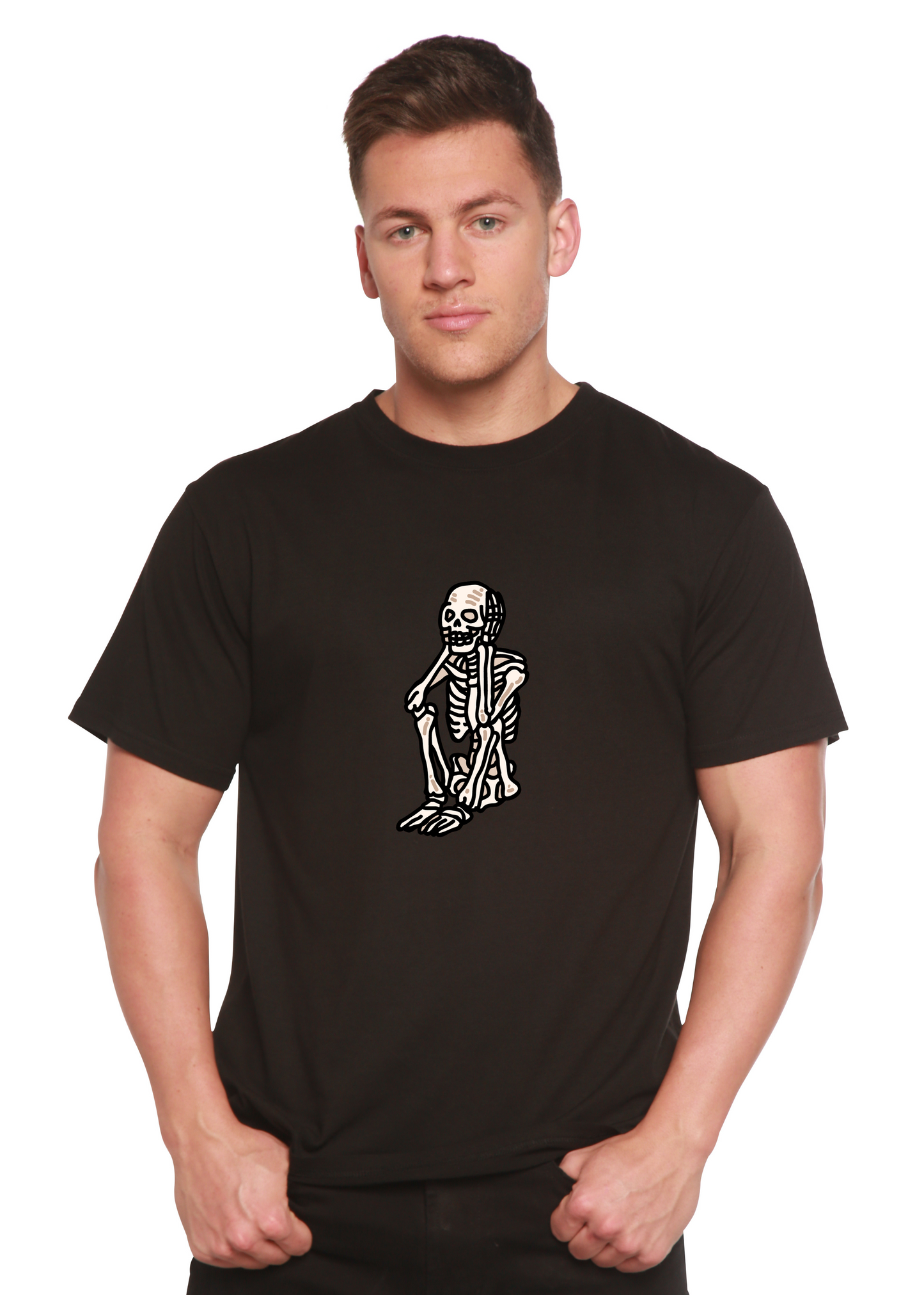 Sad Skeleton Halloween unisex black bamboo tee with skeleton graphic by Spun Bamboo on Tampa Home & Garden Store