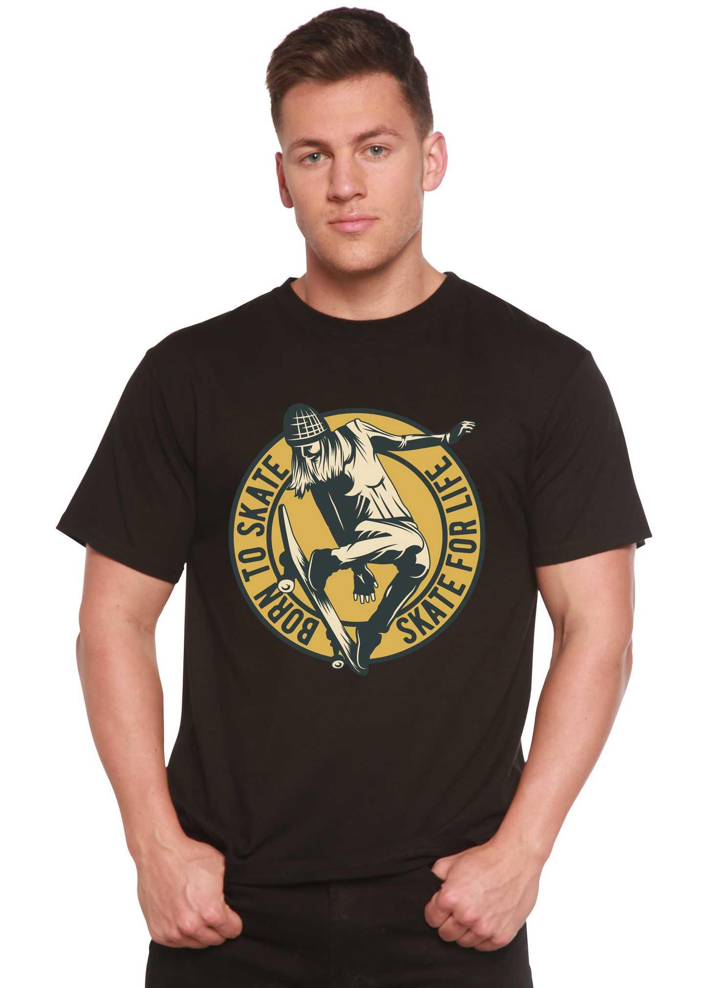 Men's black graphic tee by Spun Bamboo with Skate For Life circular print on Tampa Home & Garden Store