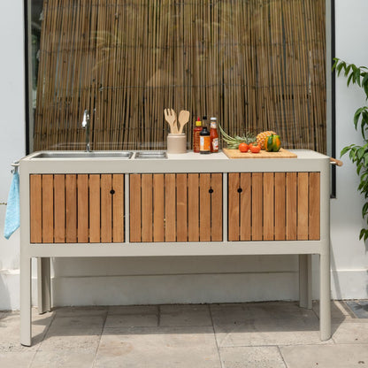 Portals Light outdoor kitchen by LifestyleGarden US with beige frame, wooden slat doors on Tampa Home & Garden Store