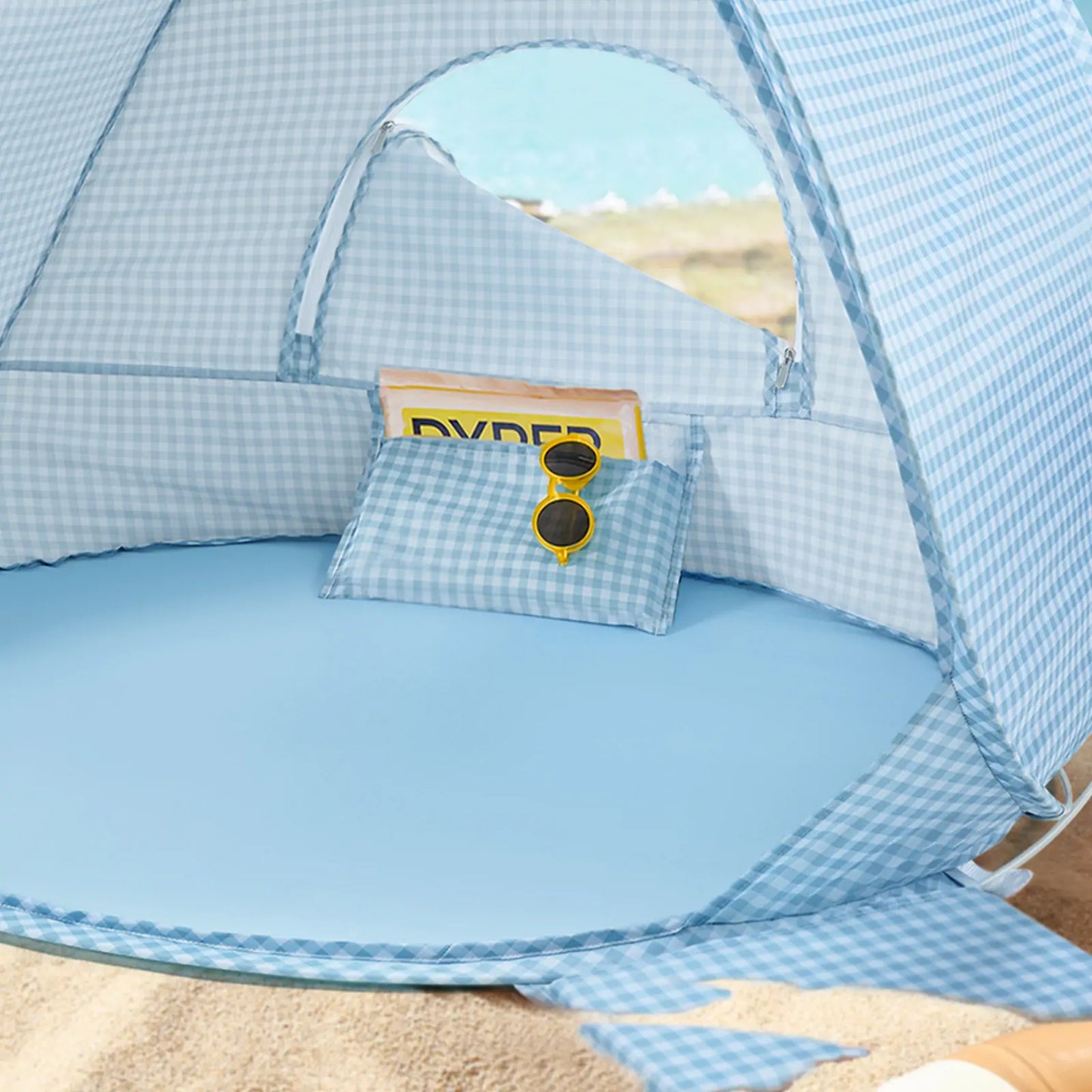 Tiny Land One-Stop Beach Toy & Tent Set blue gingham pop-up beach tent with round doorway on Tampa Home & Garden Store