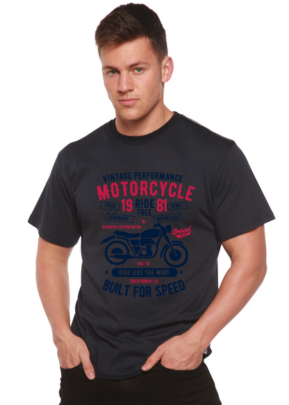 Motorcycle Ride Free men's navy bamboo tee with bold red/blue graphic short sleeve on Tampa Home & Garden Store