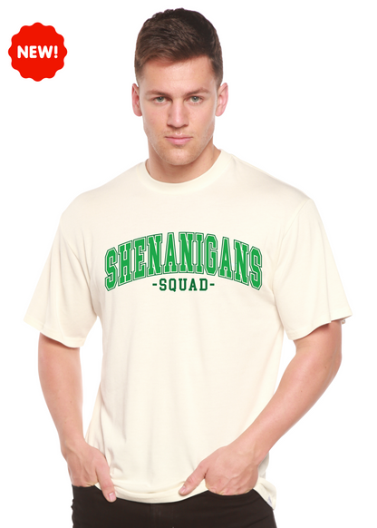 Shenanigans Squad bamboo/cotton T-shirt cream with green arch text Spun Bamboo mens printed top on Tampa Home & Garden Store