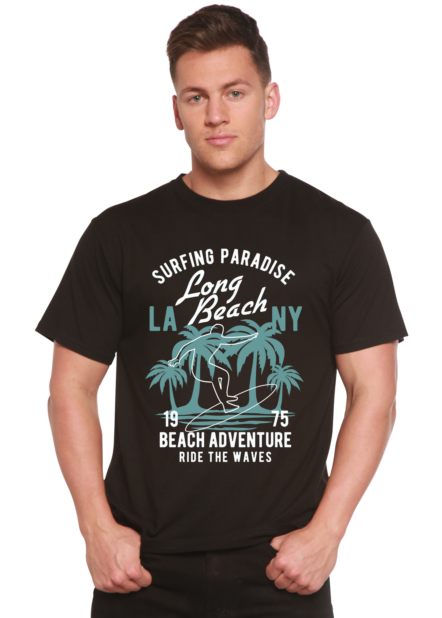 Men's black bamboo viscose/organic cotton graphic T-shirt with palm trees Beach Adventure on Tampa Home & Garden Store